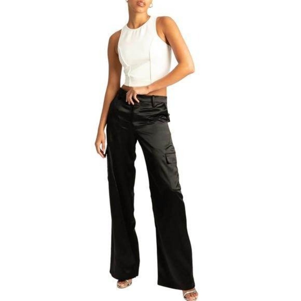 SPRWMN silk pants size L baggy low‎ rise wide leg cargo black